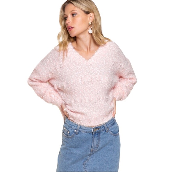 POL Sweaters - SALE POL Pink & White Plush & Fuzzy Popcorn Sweater Oversized